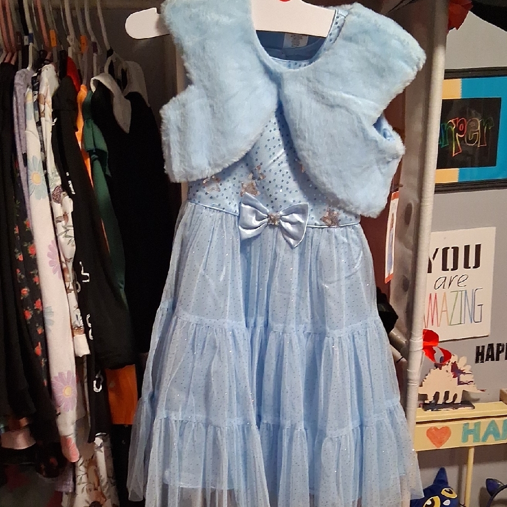 Jona Michelle Light Blue Sparkle Dress with Faux Fur Bolero